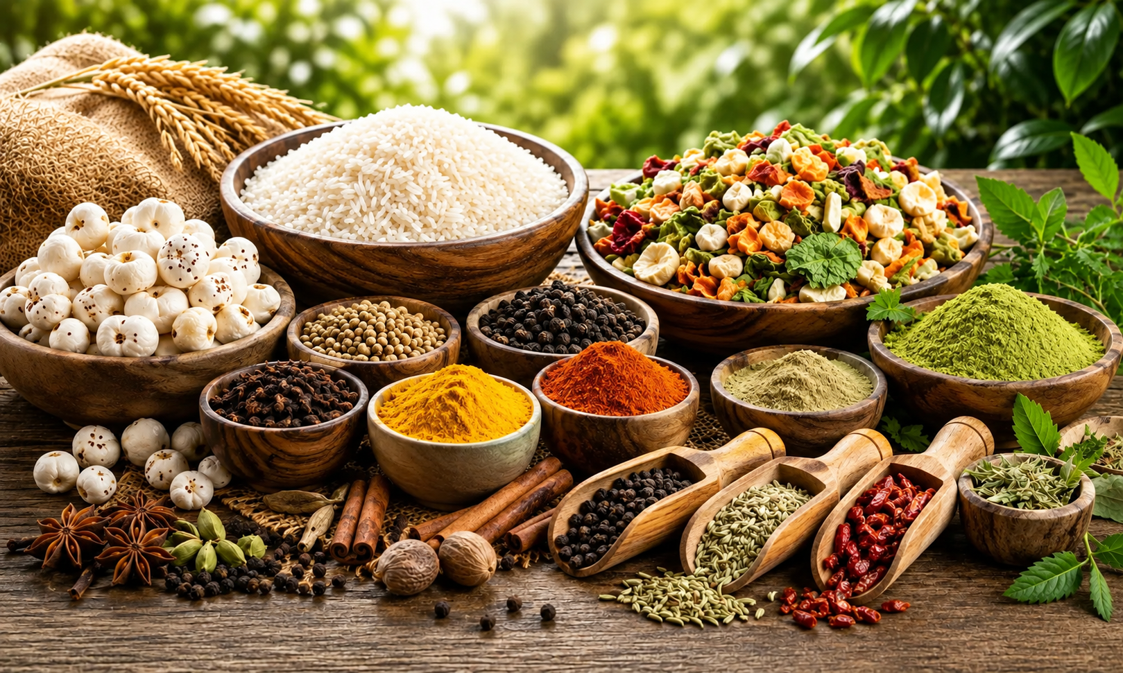 Premium Indian agricultural exports including Basmati rice, spices and pulses prepared for global shipping