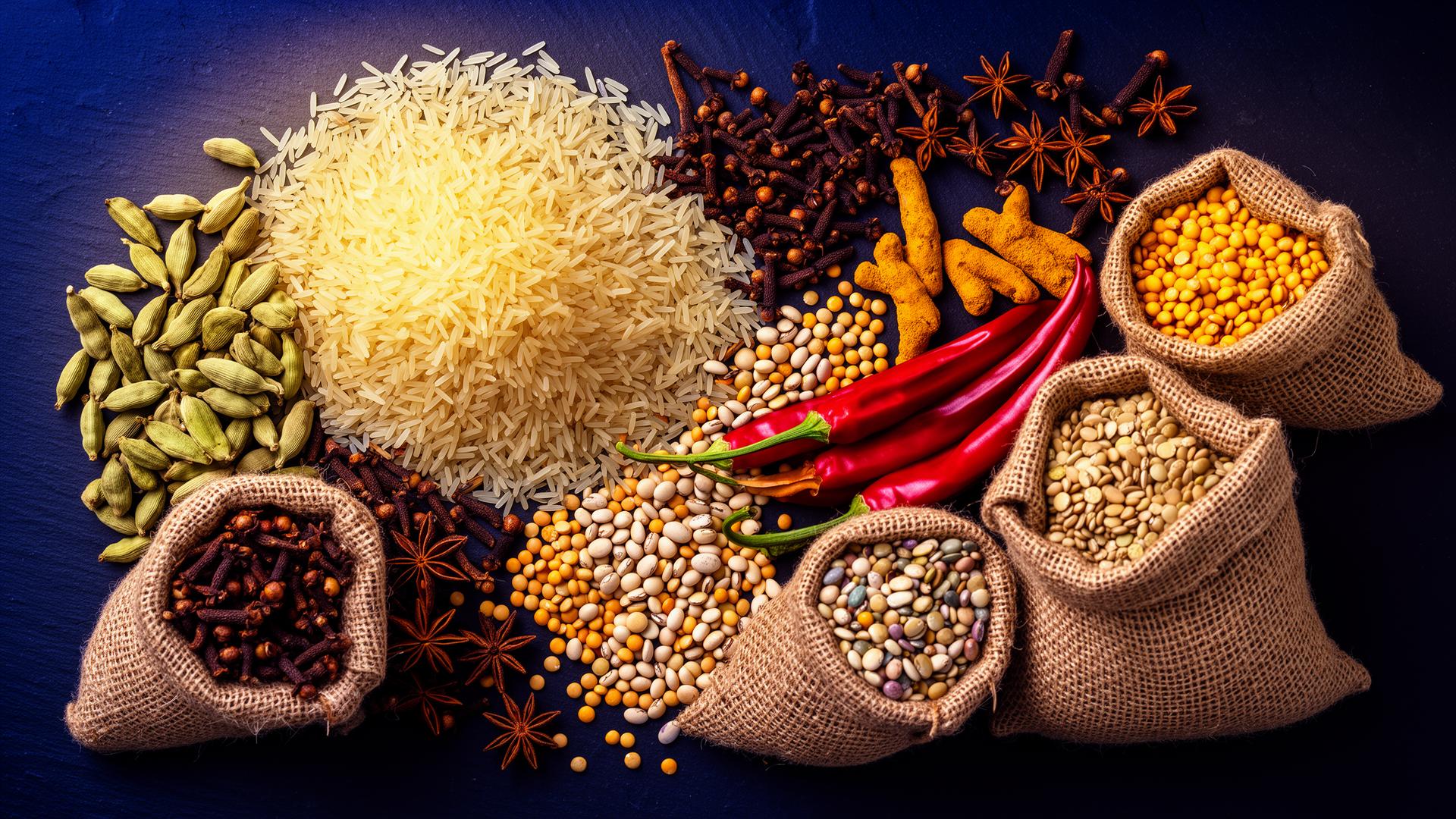 Premium Indian agricultural exports including Basmati rice, spices and pulses prepared for global shipping